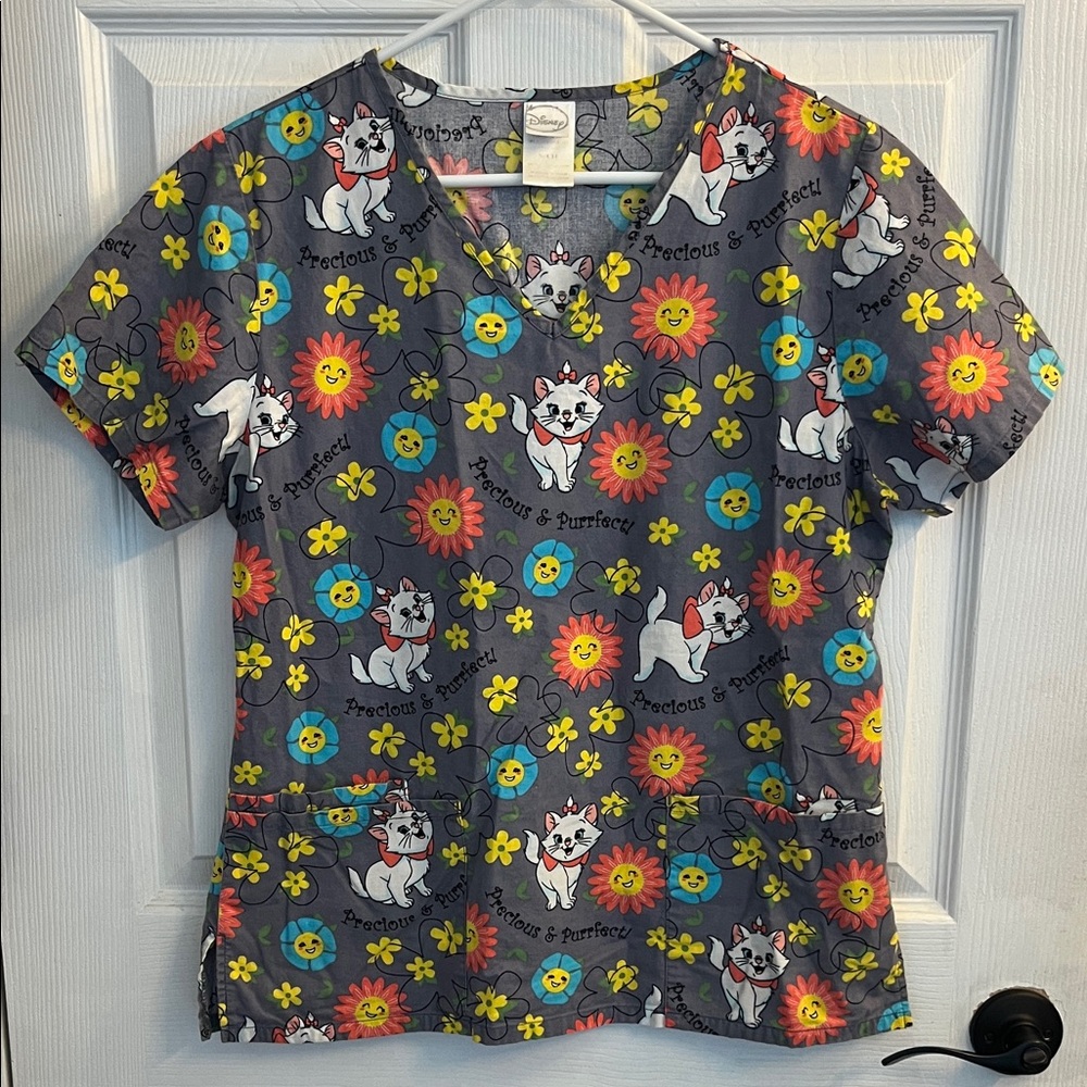 Disney Cats Gray scrub Top with Floral Print